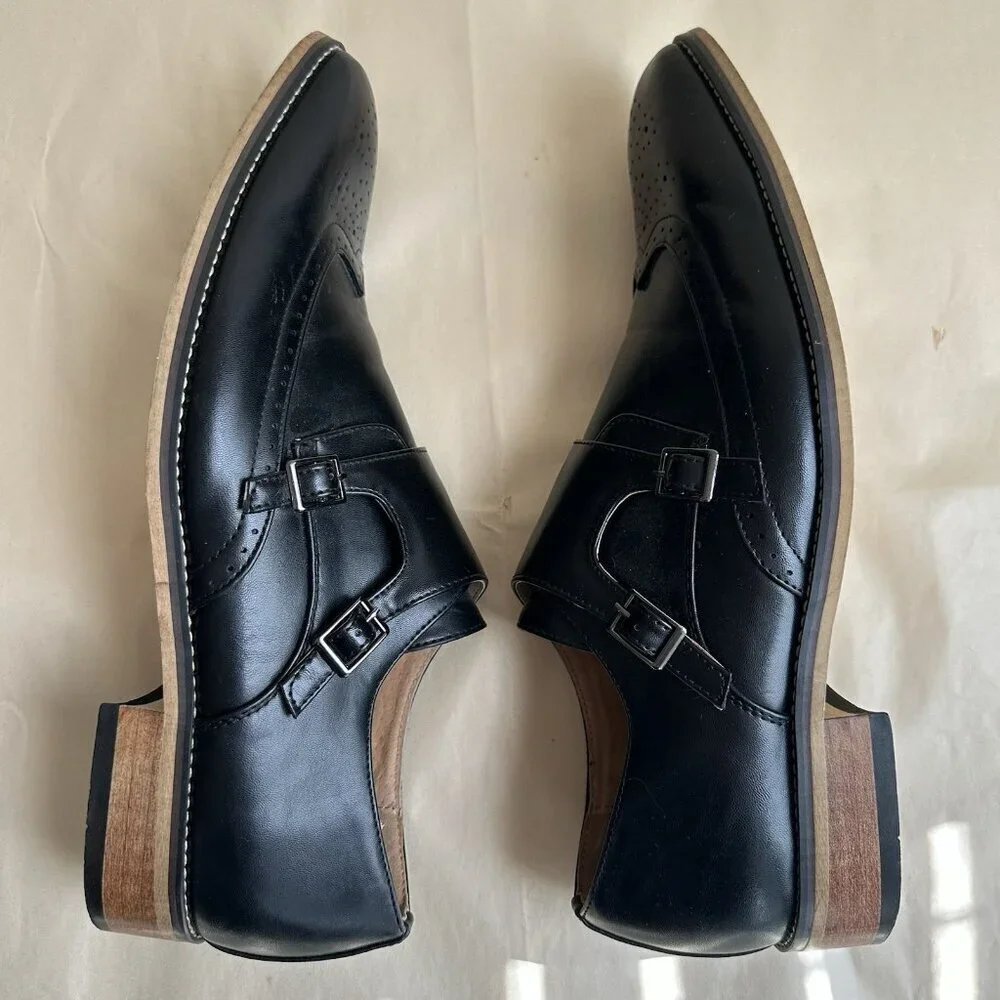 Gino Vitale Men 12 Black Wing Tip Dress Shoe Double Monk Strap Brogue Loafer